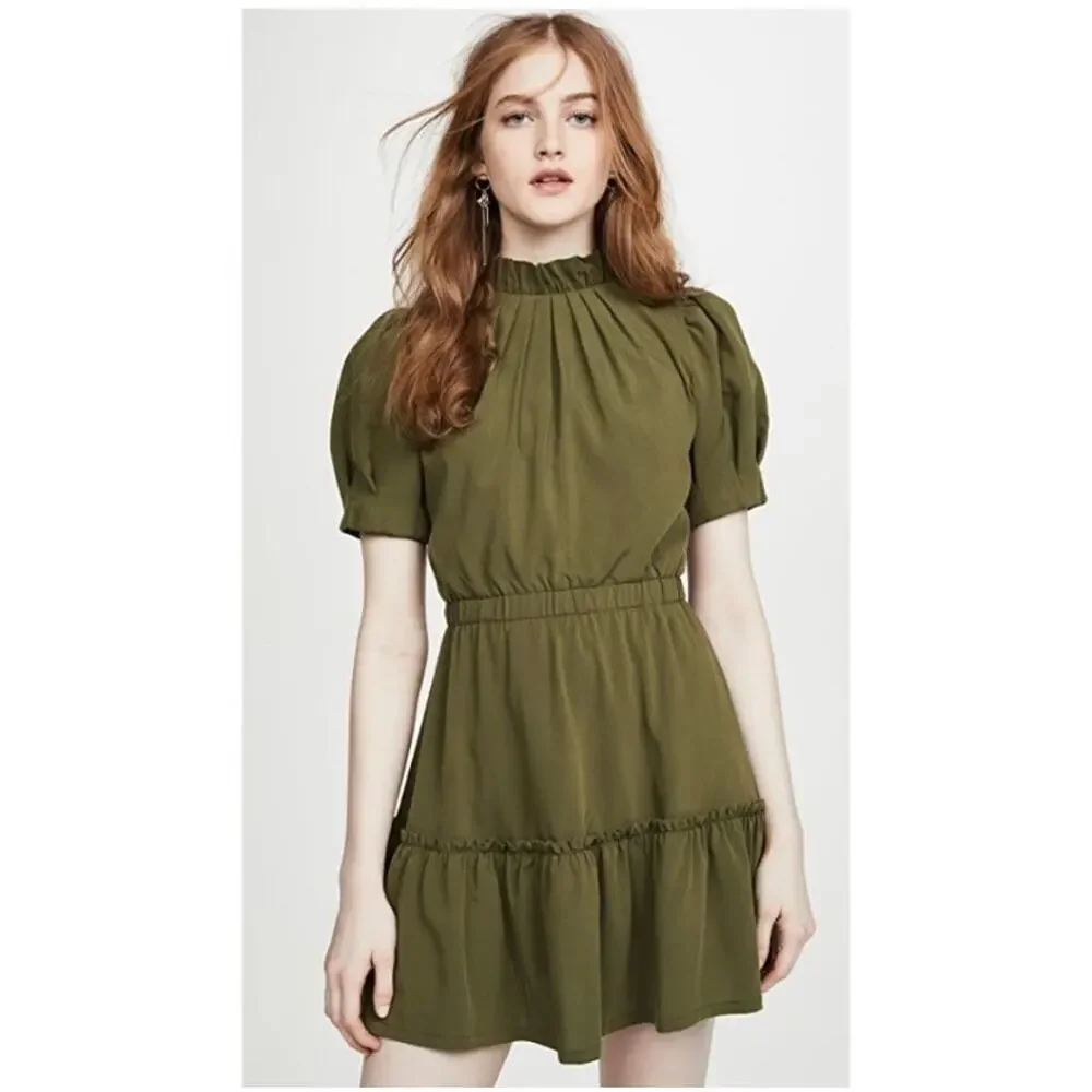 Alice + Olivia Vida Olive Green Puff Sleeve Mock Neck Mini Dress Sz 0 Romantic - Picture 2 of 9